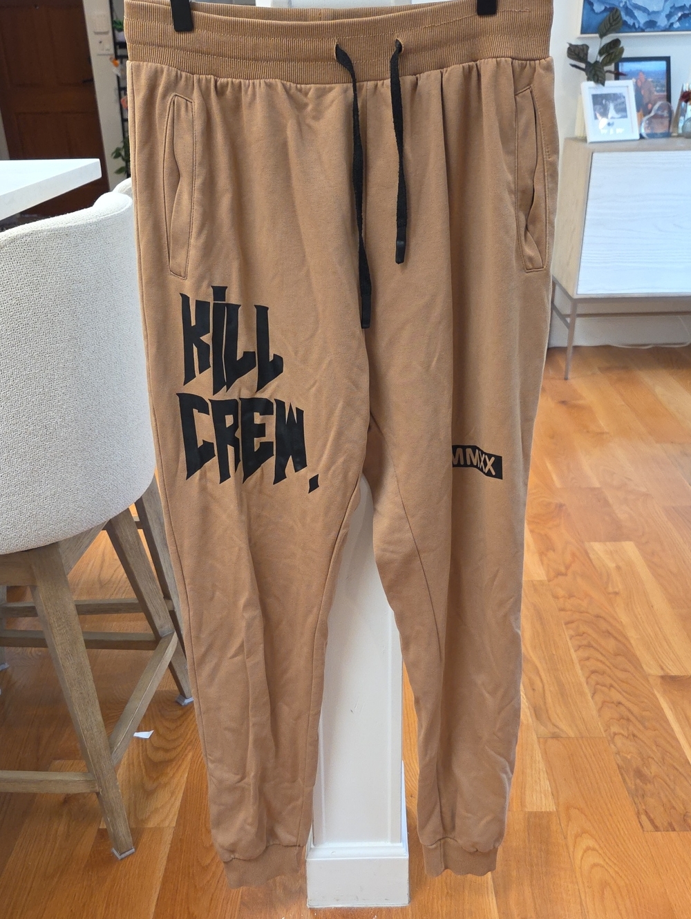 Kill Crew Women's Tan Drawstring Sweatpants with Black Graphic Logo (XL)